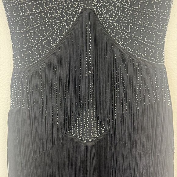 Unique Vintage Retro 1920s Fringe Beaded Mini Flapper Dress Black Silver Small - Picture 9 of 16